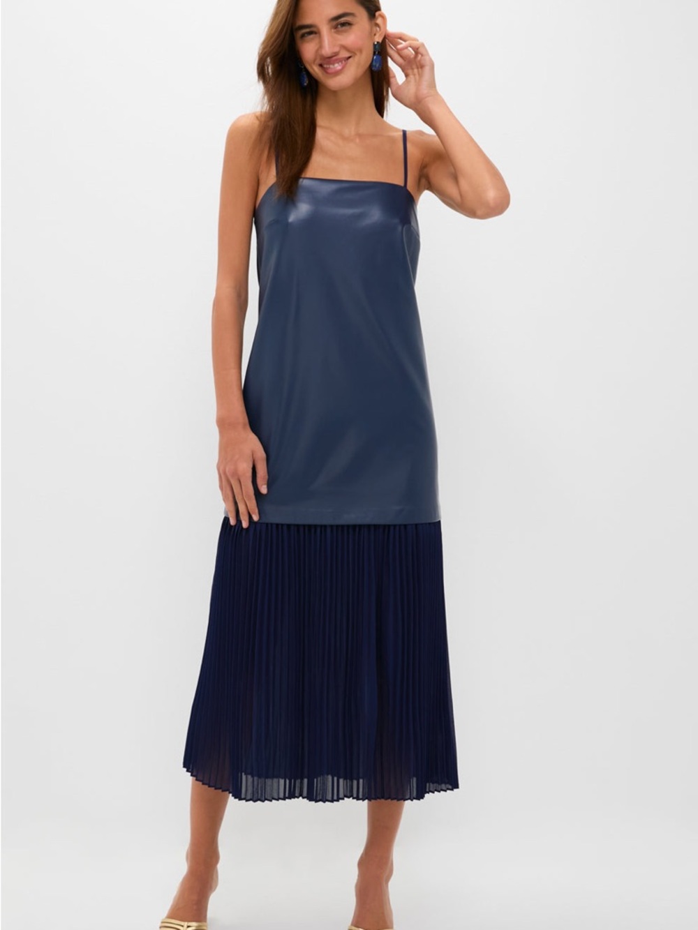 Hyacinth House Navy Faux Leather & Pleated Midi Slip Dress